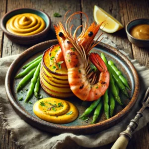 Een verfijnd gerecht met gegrilde gamba’s, goudbruin en licht gekarameliseerd, geserveerd met een knapperig aardappeldakje van dunne, ovengebakken aardappelschijfjes. De romige saffraansaus is fluweelzacht en rijk van kleur, elegant over het bord gedrapeerd. Haricots verts zorgen voor een frisse, groene touch, terwijl een citroenpartje en verse kervel de presentatie compleet maken. Op de rustieke houten tafel liggen een linnen servet, een vintage vork en een klein schaaltje extra saus. Zachte natuurlijke verlichting benadrukt de warme tinten en rijke texturen van het gerecht.