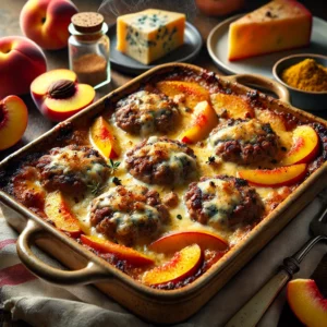 Ovenschotel met gebakken gehaktburgers, plakjes perzik en gesmolten kaasgratin, licht gekruid met kerrie en gember, geserveerd in een schaal op een houten tafel.
