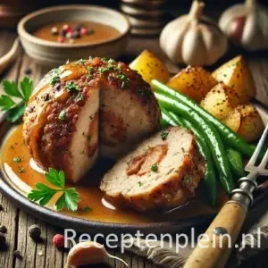 Een grote gehaktbal gevuld met spek en knoflook, doorgesneden om de hartige vulling te tonen, geserveerd met jus, geroosterde aardappelen en sperziebonen op een rustieke houten tafel.