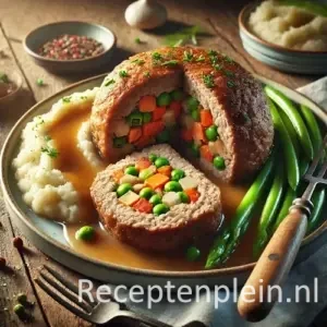 Een grote gehaktbal voor twee personen, gevuld met wortel, erwtjes en paprika, doorgesneden om de vulling te tonen, geserveerd met jus, aardappelpuree en sperziebonen op een rustieke houten tafel met een vork en wat kruimels voor een levensecht gevoel.