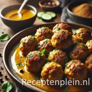 Goudbruine gehaktballen met een vleugje nootmuskaat en kerrie, geserveerd met milde kerriesaus, rijst en frisse komkommerschijfjes op een rustieke houten tafel.