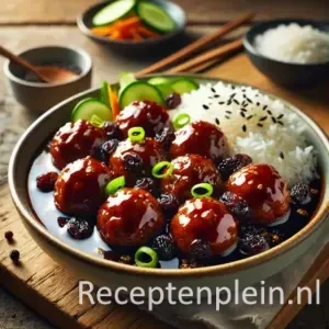 Gehaktballen in een glanzende ketjapsaus met rozijnen, geserveerd met witte rijst en een frisse komkommer-wortelsalade op een rustieke houten tafel.