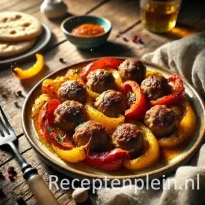 Shoarmagehaktballen met geroosterde rode en gele paprika uit de braadzak, geserveerd met platbrood en knoflooksaus op een rustieke houten tafel, met vleessappen langs het bord en een vork nonchalant erbij voor een levensecht effect.