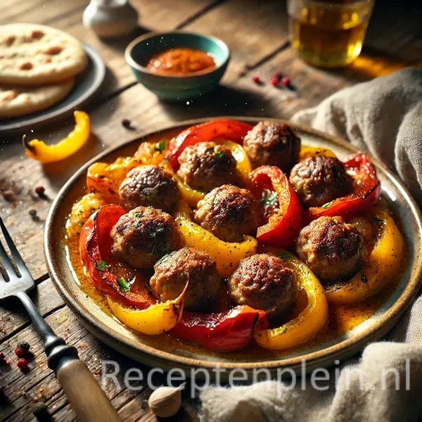 Shoarmagehaktballen met geroosterde rode en gele paprika uit de braadzak, geserveerd met platbrood en knoflooksaus op een rustieke houten tafel, met vleessappen langs het bord en een vork nonchalant erbij voor een levensecht effect.