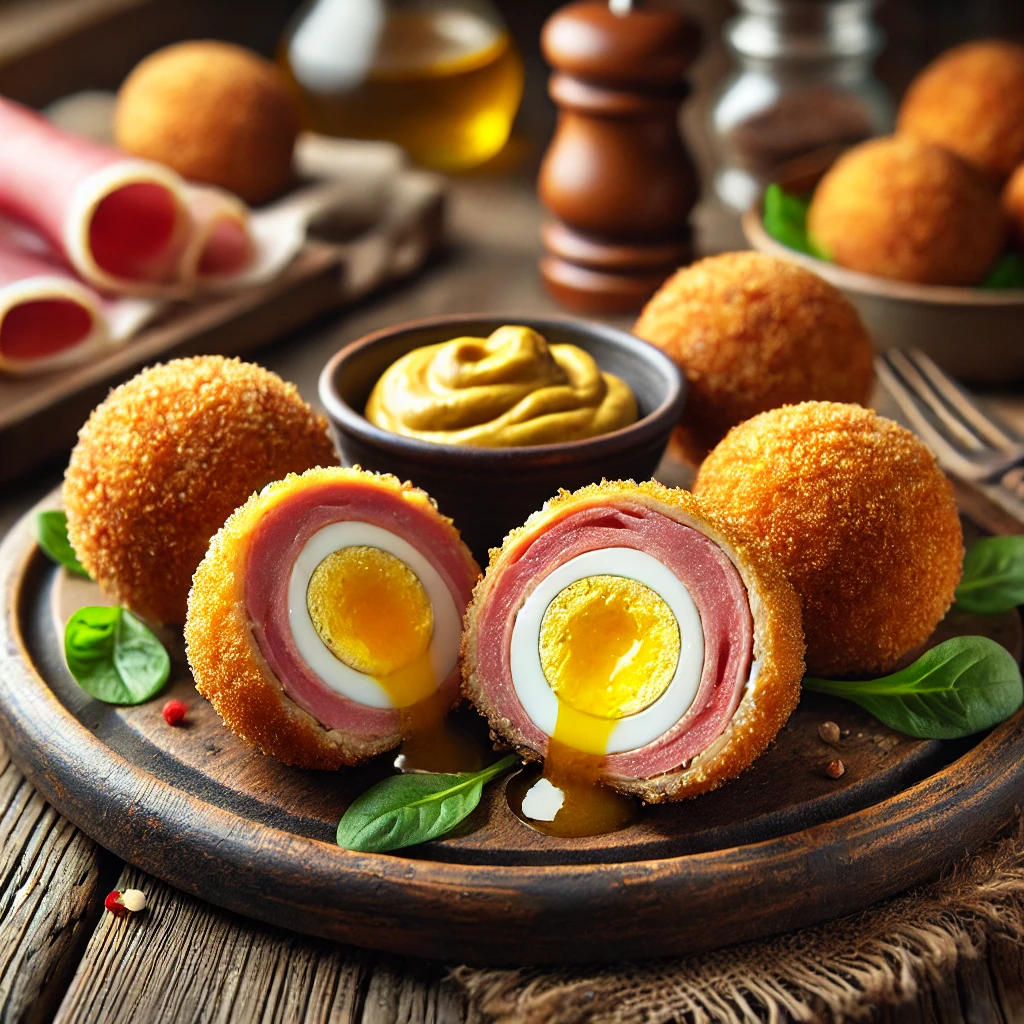Een rustieke houten tafel met goudbruin gefrituurde gehaktballen, gevuld met een heel gekookt ei en een plakje rauwe ham. De gehaktballen zijn krokant gepaneerd en opengesneden om de vulling zichtbaar te maken. Geserveerd met een klein kommetje mosterd en wat saladeblaadjes. De achtergrond toont een gezellige keuken met warme verlichting.