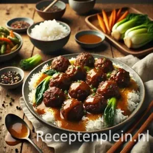 Smeuïge gehaktballen van riblappen in een glanzende kokos-oosterse jus, geserveerd met jasmijnrijst en roergebakken groenten zoals paksoi en wortel op een rustieke houten tafel, met saus langs het bord en eetstokjes nonchalant ernaast voor een levensecht effect.