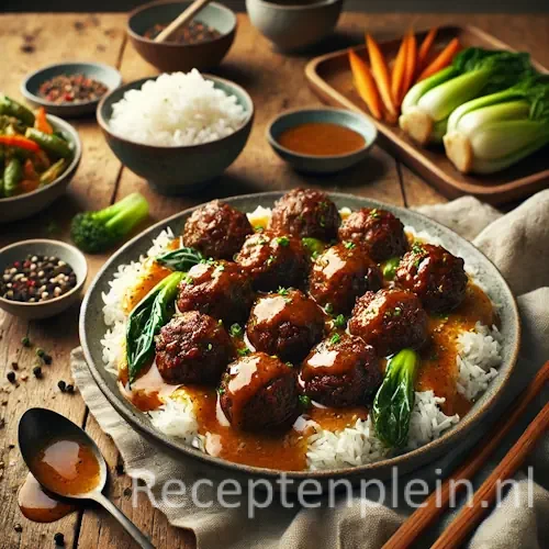Smeuïge gehaktballen van riblappen in een glanzende kokos-oosterse jus, geserveerd met jasmijnrijst en roergebakken groenten zoals paksoi en wortel op een rustieke houten tafel, met saus langs het bord en eetstokjes nonchalant ernaast voor een levensecht effect.