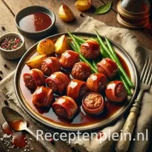 Kleine gehaktballetjes omwikkeld met knapperig spek, geglazuurd met rijke sherryjus, geserveerd met geroosterde aardappelen en sperziebonen op een rustieke houten tafel, met wat jus langs het bord en een vork nonchalant erbij.