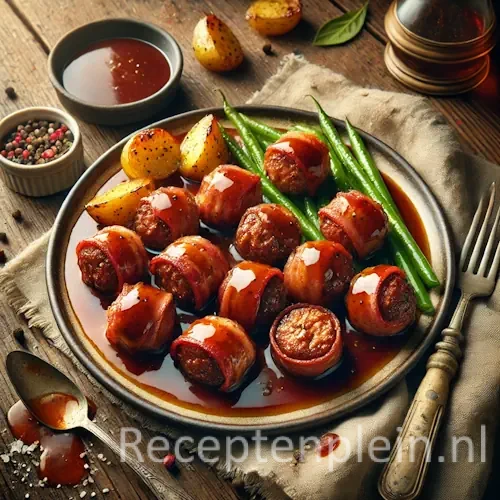 Kleine gehaktballetjes omwikkeld met knapperig spek, geglazuurd met rijke sherryjus, geserveerd met geroosterde aardappelen en sperziebonen op een rustieke houten tafel, met wat jus langs het bord en een vork nonchalant erbij.