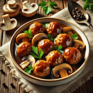 Haarscherpe afbeelding van goudbruine gehaktballetjes in een glanzende, donkere paddenstoelenjus met plakjes champignons. Geserveerd in een wit keramisch kommetje en afgewerkt met verse peterselie op een rustieke houten tafel.