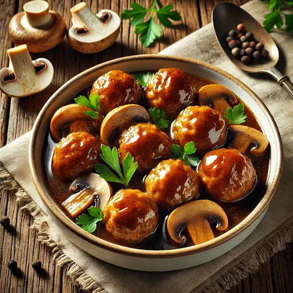 Haarscherpe afbeelding van goudbruine gehaktballetjes in een glanzende, donkere paddenstoelenjus met plakjes champignons. Geserveerd in een wit keramisch kommetje en afgewerkt met verse peterselie op een rustieke houten tafel.