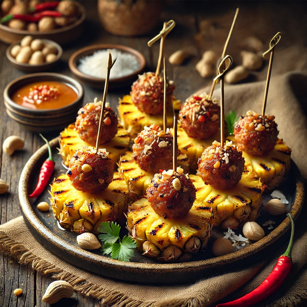 Aziatische gehaktballetjes met pinda’s en kokos, geserveerd op gegrilde ananasschijfjes met cocktailprikkers, op een rustieke schaal met rode peper en koriander.