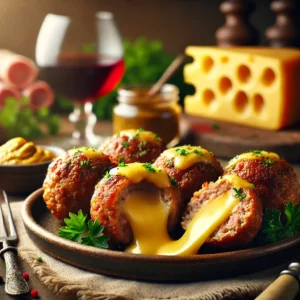 Gehaktballen gevuld met gesmolten kaas, op smaak gebracht met ham en peterselie, geserveerd op een rustiek bord met grove mosterd en rode wijn op een houten tafel. Een smeuïg en hartig gerecht dat perfect past bij een stevige rode wijn.