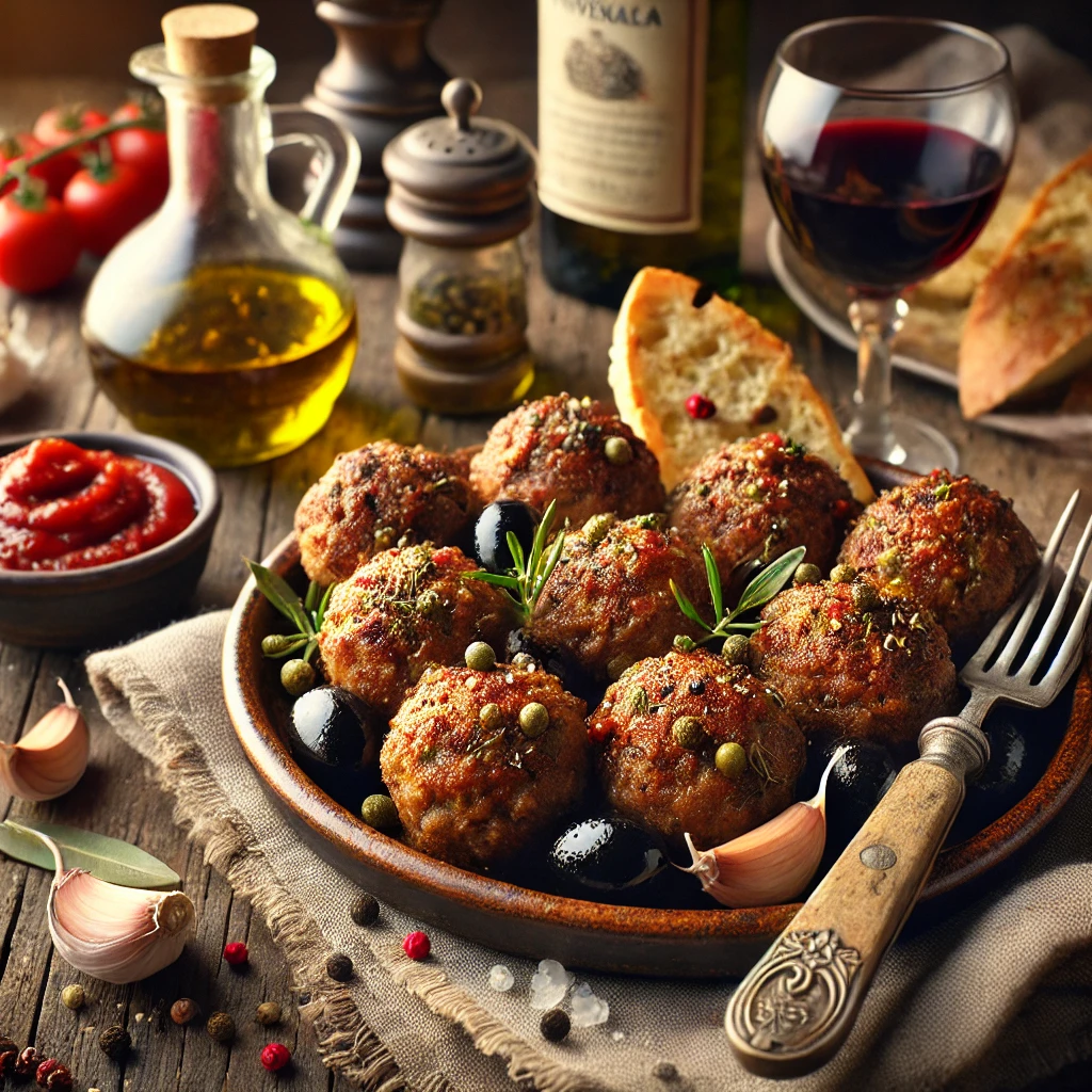 Mediterrane gehaktballetjes met zwarte olijven, kappertjes en Provençaalse kruiden, geserveerd op een rustiek bord met Italiaanse ketchup, rode wijn en boerenbrood op een houten tafel.