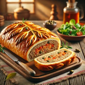 Een rustieke houten tafel met een goudbruin gebakken gehaktbrood in bladerdeeg. Het bladerdeeg is knapperig, glanzend en versierd met kleine blaadjes. Het brood is in plakken gesneden en toont een sappige vulling van gehakt, stukjes tomaat, ui, paprika en kappertjes. Geserveerd op een houten plank met een beetje salade erbij. De achtergrond toont een gezellige keuken met warme verlichting.