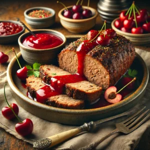 Plakken gehaktbrood met een glanzende kersensaus, gegarneerd met verse kersen en kruiden, geserveerd op een rustiek bord op houten tafel.