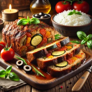 Een rustieke houten tafel met plakken gehaktbrood, gevuld met ratatouillegroenten en zwarte olijven. Het gehaktbrood is sappig en goudbruin, met zichtbare stukjes courgette, paprika, tomaat en olijf. Geserveerd met een scheut tomatensaus en een portie rijst. Het gerecht is gegarneerd met verse basilicum. De achtergrond toont een knusse keuken met warme verlichting.