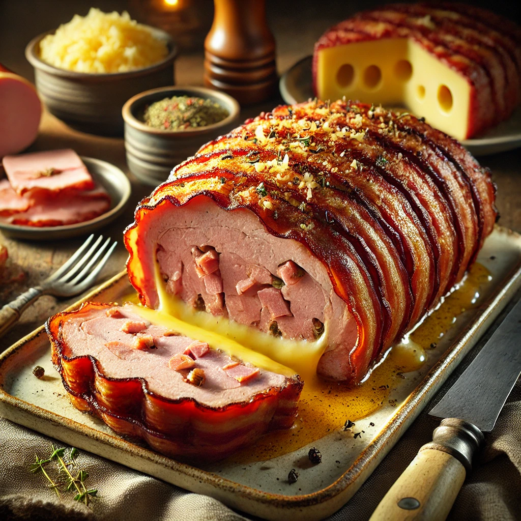 Gehaktbroodje omwikkeld met katenspek, gevuld met ham en gesmolten kaas, geserveerd in plakken op een rustiek bord met kruidengarnering.