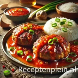 Gehaktschijven met rode babi panggangsaus en lente-ui, geserveerd op houten tafel met rijst en saus ernaast.