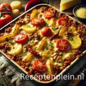 Ovenschotel met lagen aardappel, tomaat en gehakt, afgetopt met gesmolten kaas en rode peper op houten tafel.