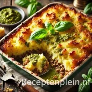 Ovenschotel met laag gehakt en aardappelpuree met pesto, goudbruin gebakken op houten tafel met basilicum.