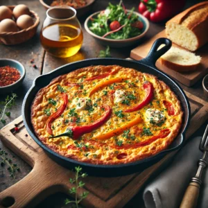 Een rustieke houten tafel met een vers bereide geitenkaas frittata met paprika, geserveerd in een zwarte gietijzeren pan. De frittata is goudbruin met zichtbaar gesneden rode en gele paprika en verkruimelde geitenkaas erop, gegarneerd met verse kruiden. Op de tafel liggen een houten snijplank met een gesneden baguette, een kom gemengde salade en een glas witte wijn, in een warme en uitnodigende setting.