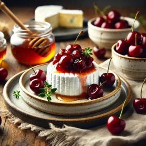 Een rustieke houten tafel met een eenvoudig maar elegant dessert van zachte geitenkaas met een zoete kersencompote, geserveerd op kleine keramische bordjes. Ernaast liggen verse tijmblaadjes, een potje honing, een schaaltje kersen en een stuk geitenkaas.