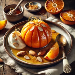 Een elegant dessert van gekarameliseerde sinaasappels, overgoten met een glanzende Grand Marnier-karamelsaus en gegarneerd met geroosterd amandelschaafsel en fijne sinaasappelschilletjes. Een romige toef crème fraîche zorgt voor een frisse balans. Het gerecht wordt geserveerd op een rustieke houten tafel, met een linnen servet, een vintage lepel en een klein schaaltje extra karamelsaus. Zachte natuurlijke verlichting benadrukt de rijke kleuren en glanzende texturen van het dessert.