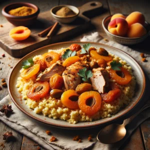 Een smaakvolle kom met gekruide couscous, op smaak gebracht met komijn en geserveerd met malse stukjes kip en zoete abrikozen in een rijke tomatensaus. Het gerecht is gegarneerd met verse koriander en een vleugje zwarte peper. Naast de kom ligt een vintage lepel en een linnen servet op een rustieke houten tafel. Op de achtergrond staat een houten snijplank met extra abrikozen, een schaaltje couscous en een kommetje specerijen. De warme, natuurlijke belichting benadrukt de diepe smaken en levendige kleuren van dit Midden-Oosterse gerecht.