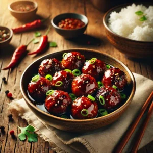 Kruidige gehaktballetjes geglazuurd in een kleverige saus van sambal en ketjap. Afgewerkt met lente-ui en verse koriander, geserveerd in een keramisch kommetje met een schaal witte rijst ernaast, in een warme, Aziatisch geïnspireerde setting.
