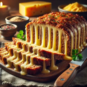 Gelaagd gehaktbrood met tussenlagen gesmolten kaas, in plakken gesneden en geserveerd op een rustieke houten plank met peterselie.