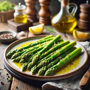Groene asperges gemarineerd in olijfolie met knoflook en kruiden, geserveerd met citroen en zwarte peper op een rustieke houten tafel.