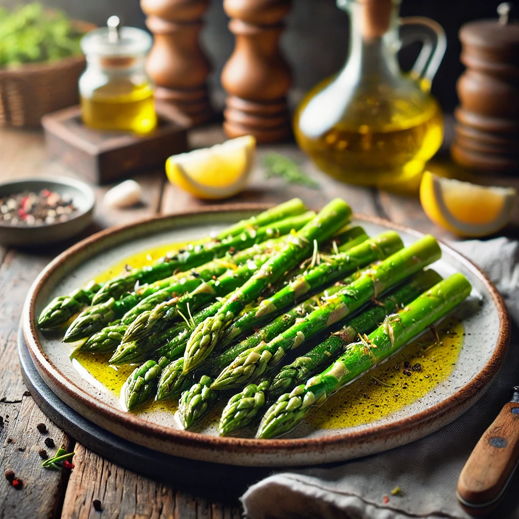 Groene asperges gemarineerd in olijfolie met knoflook en kruiden, geserveerd met citroen en zwarte peper op een rustieke houten tafel.