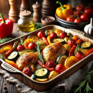 Goudbruin gebakken gemarineerde kip met geroosterde groenten zoals paprika, courgette en cherrytomaten, geserveerd in een rustieke ovenschaal met verse kruiden.