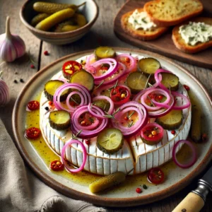 Een prachtig opgemaakt bord met dun gesneden camembert, gegarneerd met gemarineerde rode uienringen en kleurrijke mixed pickles. De kaas is licht besprenkeld met citrusolie en een vleugje tabasco voor extra smaak. Knapperige toast en een schaaltje knoflook-kruidenboter maken het gerecht compleet. Op de rustieke houten tafel liggen een linnen servet en een vintage mes. Zachte natuurlijke verlichting benadrukt de romige textuur van de kaas en de levendige kleuren van de garnering.