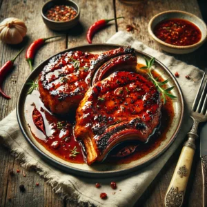 Sappige schouderkarbonades, gegrild tot een diepe karameltint met een glanzende ketjapsaus, geserveerd op een rustieke houten tafel. De karbonades zijn gegarneerd met fijngehakte verse kruiden en dunne plakjes rode chilipeper voor een pittige touch. Een klein schaaltje met extra ketjapmarinade staat naast het bord, samen met een partje citroen. Op de tafel liggen een linnen servet en een vintage vork en mes. Zachte, natuurlijke verlichting benadrukt de rijke kleuren en de glanzende textuur van de saus.