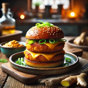 Een rustieke houten tafel met een bord knapperige, goudbruine kaasburgers met een vleugje gember, gegarneerd met dunne bosui- en gemberplakjes. De kaasburgers zijn dik, perfect gefrituurd en licht gesmolten van binnen. Een klein kommetje kerriesaus als bijgerecht. De achtergrond toont een gezellige keuken met warme verlichting.
