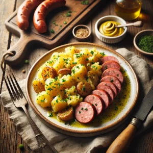 Een smaakvol bord met gepocheerde braadworst, in dikke plakken gesneden en geserveerd naast een lauwwarme aardappelsalade. De salade bestaat uit goudgele aardappelen, lichtjes aangemaakt met een vinaigrette van mosterd, witte wijn en verse kruiden zoals bieslook en peterselie. Een subtiele drizzle olijfolie geeft een glanzende afwerking. Naast het bord liggen een vintage vork en mes, samen met een linnen servet op een rustieke houten tafel. Op de achtergrond staat een houten snijplank met extra braadworst, verse kruiden en een schaaltje mosterd. De warme, natuurlijke belichting benadrukt de rijke texturen en uitnodigende kleuren van dit klassieke gerecht.