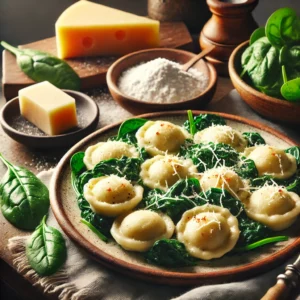Een rustieke houten tafel met een bord versgemaakte Malfatti, luchtige kaas- en spinaziebolletjes, geserveerd met gesmolten boter en Parmezaanse kaas. Ernaast liggen verse spinazieblaadjes, een stuk Parmezaanse kaas en een schaaltje bloem.