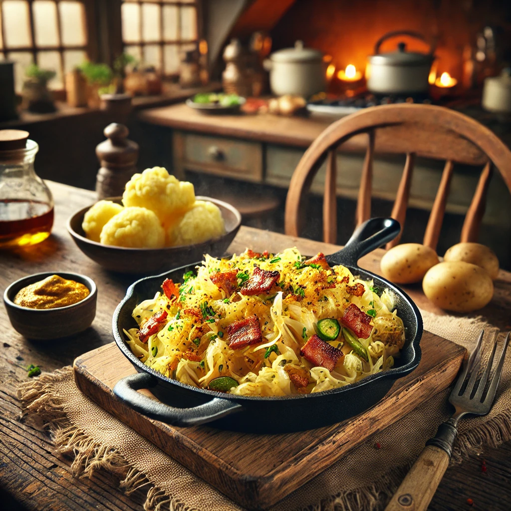Een rustieke houten tafel met een gietijzeren pan gevuld met geroerbakte witte kool, knapperige spekjes en geurige currykruiden. Het gerecht is gegarneerd met verse kruiden. Ernaast liggen gekookte aardappelen en een klein schaaltje mosterd. De achtergrond toont een gezellige, warm verlichte keuken met een huiselijke Hollandse sfeer.