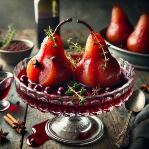 Een elegant dessert van langzaam gestoofde peren in een rijke rode wijnsaus met crème de cassis. De peren hebben een diepe robijnrode kleur en glanzen in een ingedikte wijnreductie, geserveerd in een glazen schaal. Verse tijm en een vleugje kruidnagel geven extra smaak. Op de achtergrond een fles rode wijn, een kaneelstokje en een klein schaaltje cassislikeur voor een feestelijke sfeer. De warme, sfeervolle belichting benadrukt de rijke textuur en luxe uitstraling van dit Franse winterdessert.