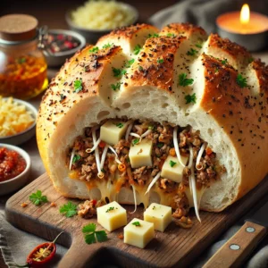 Gevuld rond wit brood met gekruid gehakt, kaas en taugé, in plakken gesneden en geserveerd op een houten plank met verse peterselie.
