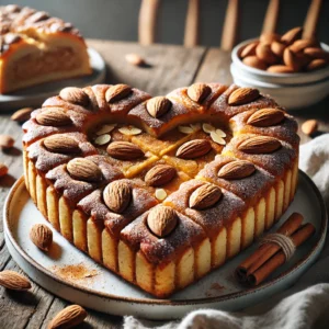 Goudbruin gevuld speculaashart met een rijke amandelspijsvulling, versierd met hele amandelen en licht bestoven met kaneel en poedersuiker, geserveerd op een rustieke houten tafel.