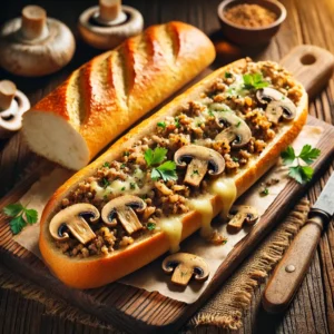 Krokant stokbrood gevuld met een hartige mix van gehakt, champignons, ui en kruiden, afgetopt met gesmolten kaas en verse peterselie. Geserveerd op een houten snijplank in een warme, huiselijke setting.