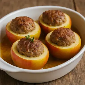 Een schaal met vier gehalveerde appels gevuld met gekruid gehakt, goudbruin gebakken met een takje verse tijm, op een rustieke houten tafel met warme natuurlijke belichting.