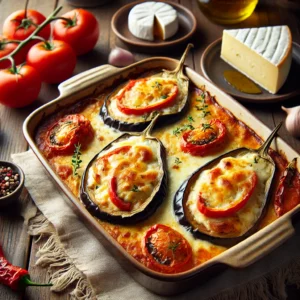 Een rustieke houten tafel met versgebakken gevulde aubergines, gevuld met een hartige mix van paprika, ui en geitenkaas, geserveerd in een keramische ovenschaal. De bovenkant is goudbruin met gesmolten geitenkaas. Ernaast liggen verse tomaten, een stuk geitenkaas en een scheutje olijfolie.