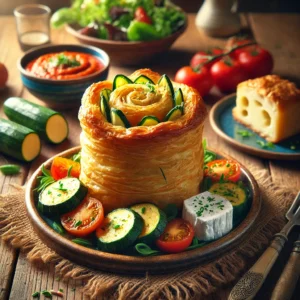 Een rustieke houten tafel met goudbruine, knapperige bladerdeegtorentjes, gevuld met een vegetarische mix, groenten en romige geitenkaas. De torentjes worden geserveerd op een keramisch bord met een frisse tomatensaus. Ernaast liggen verse courgette, tomaten, een stuk geitenkaas, gemengde sla en knapperig stokbrood.