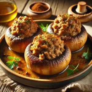 Gevulde champignons met kruidig koffiegehaakt en kerrie op rustiek bord met verse kruiden op houten tafel.