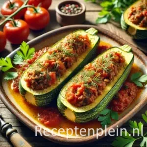 Gevulde courgettes met rundergehakt, dille en tomatensaus op rustiek bord in natuurlijke belichting.