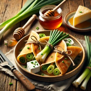 Een rustieke houten tafel met verfijnde flensjes, gevuld met prei, geitenkaas en honing, elegant gevouwen als buideltjes en vastgebonden met verse bieslook. De flensjes zijn goudbruin en worden geserveerd in kleine keramische ovenschaaltjes. Ernaast liggen verse prei, een schaaltje honing en een stuk geitenkaas.